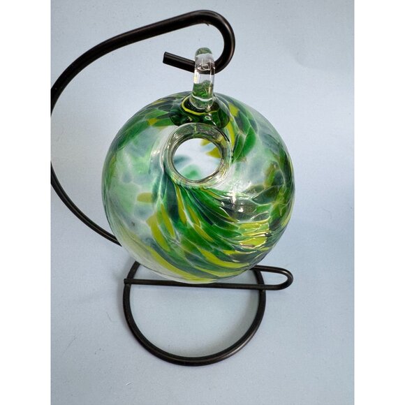 Handcrafted Green & Yellow Swirl Friendship Spirit Glass Ball With Stand - Picture 5 of 6